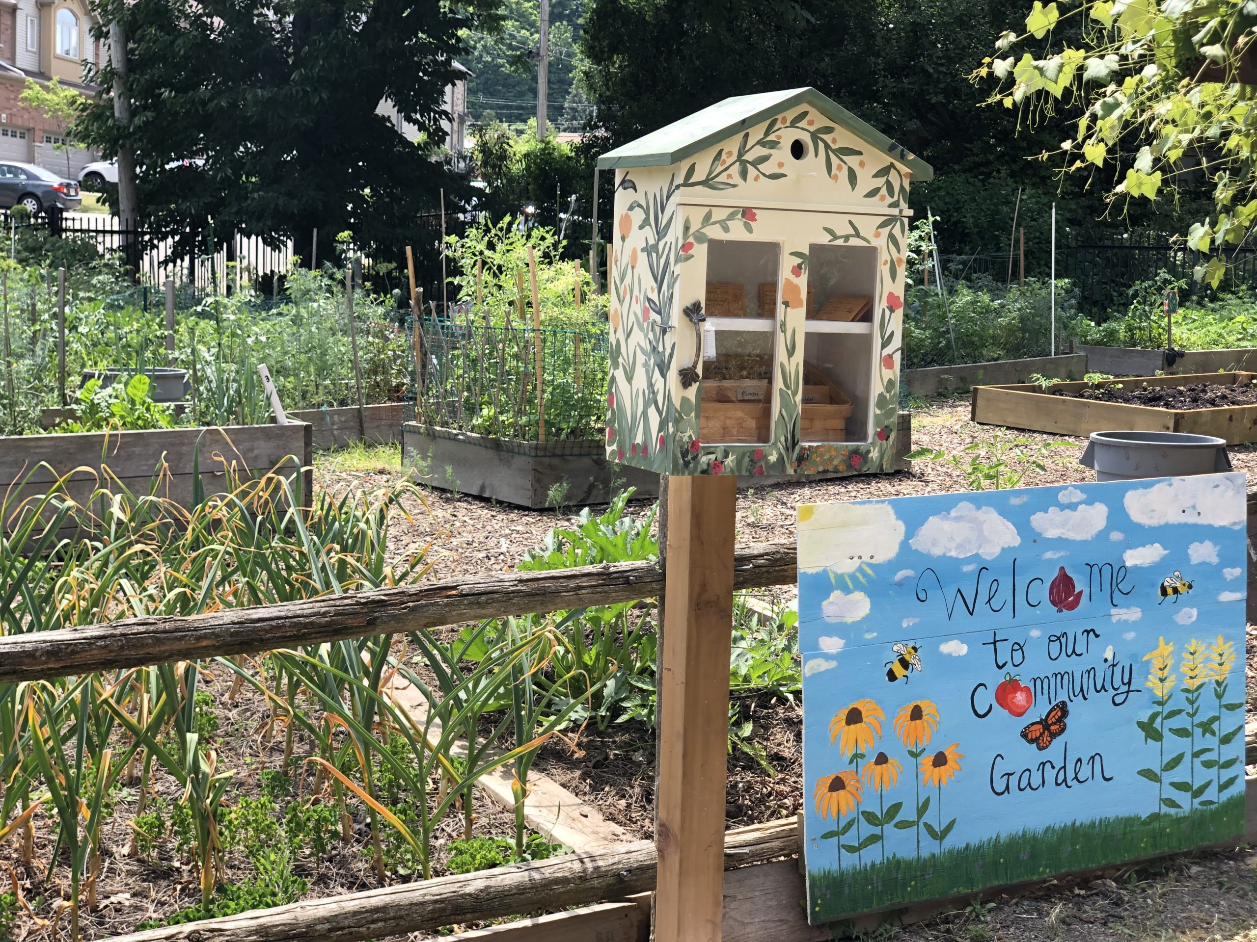 Little Seed Library pictured in front of EcoHouse community garden.