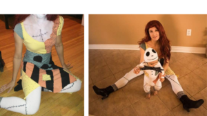 The left panel shows someone wearing a homemade Sally costume based on the film The Nightmare Before Christmas. There are hand-drawn stitches on their chest and tights. On the right is someone in the same costume holding a baby in a matching costume based off of Sally and Jack Skellington.