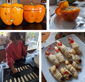 The top left panel shows two orange peppers carved like Jack-o-lanterns. The top right shows one of those peppers with the top off, with macaroni inside. The bottom left shows a young child making baked goods shaped like fingers, with jam holding on almonds to look like finger nails. The bottom right shows the finished finger-shaped baked goods.