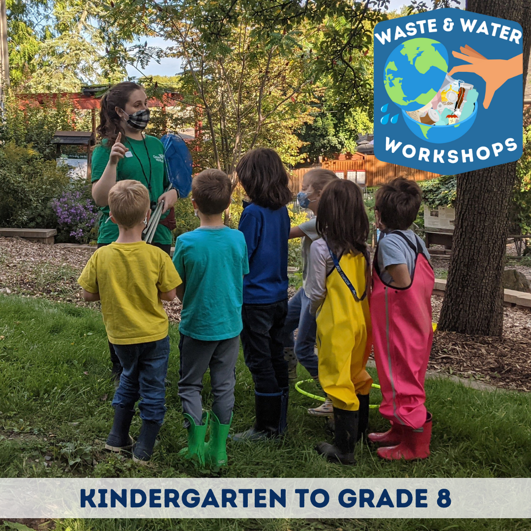 A group of young students listening to a Green Venture Staff member give instructions on site at Ecohouse. In the top right hand corner there is a logo that says waste and water workshop with a picture of a globe with garbage inside of it and a hand reaching to remove it. At the bottom of the image there is a band of text that says: Kindergarten to grade 8.
