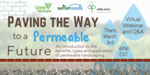 Image Title reads: ‘Paving the Way to a Permeable Future: An introduction to the benefits, types, and application of permeable hardscaping’. The background is a blurred image of a path in a naturalized area. Green Venture, NATURhoods and Adele Pierre Landscape Architect logos are along the top of the image. Three raindrops have text: ‘Virtual Webinar and Q&A, Thursday March 3rd, 6PM EST’. The rain soaks into a graphic cross-section of a permeable paving application (3 layers of granular increasing in size).