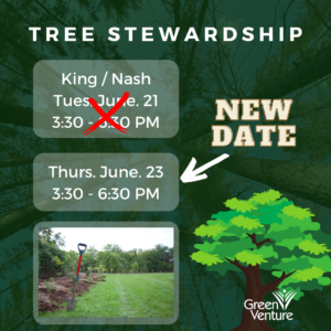 Title: Tree Stewardship. Where: King and Nash. When: Thursday, June 3 from 3:30 PM to 6:30 PM