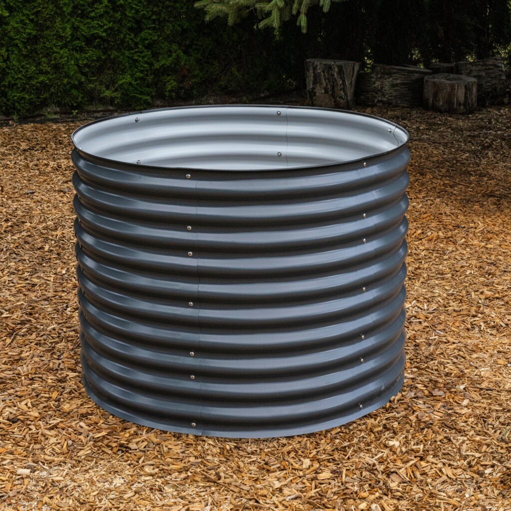 A round raised steel garden bed from SproutBox